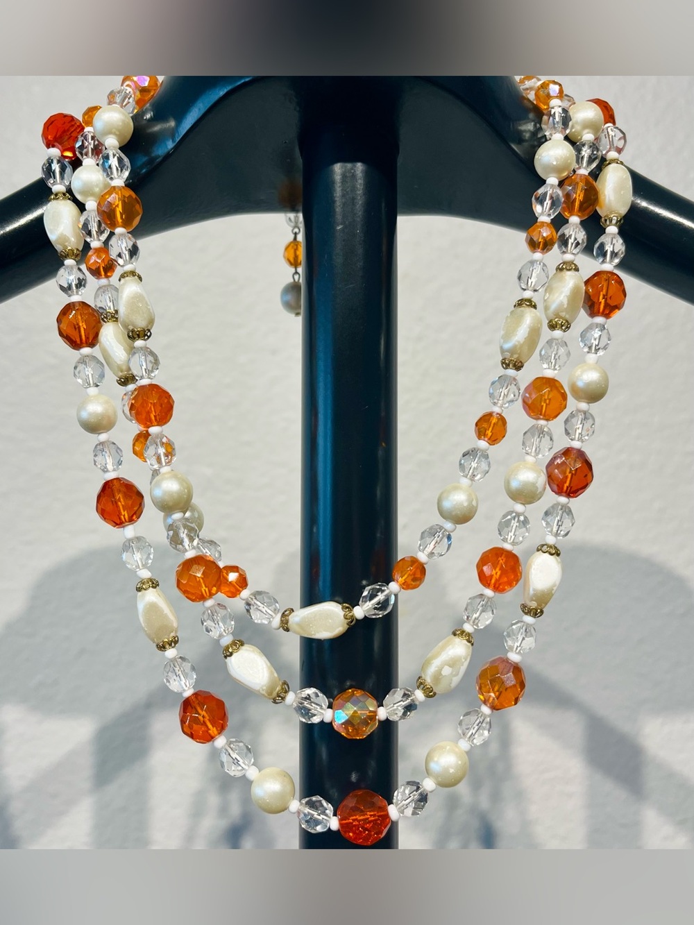 Vintage Faux Pearl and Amber Crystal Multi-Strand Necklace
